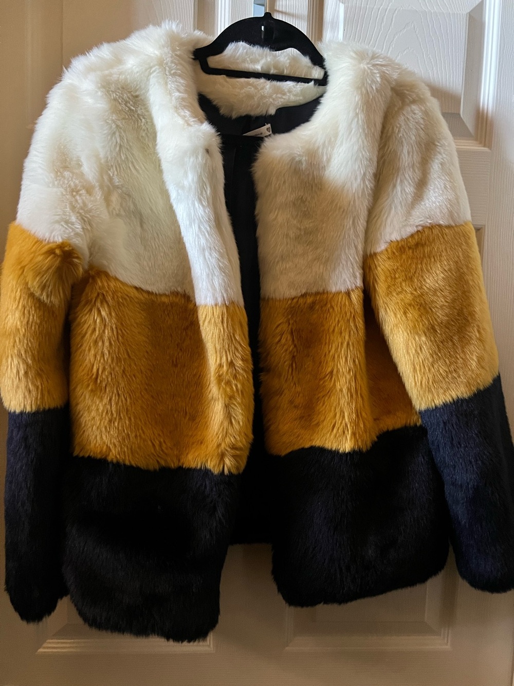 Soprano Colorblock Faux Fur Jacket in White, Mustard & Black